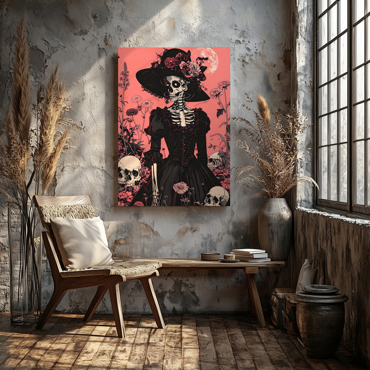 Victorian Skeleton Lady Canvas – Day of the Dead Floral Halloween Art - Gifitto