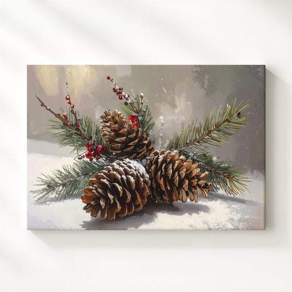 Winter Pine Still Life Canvas – Rustic Nature Holiday Wall Art - Gifitto