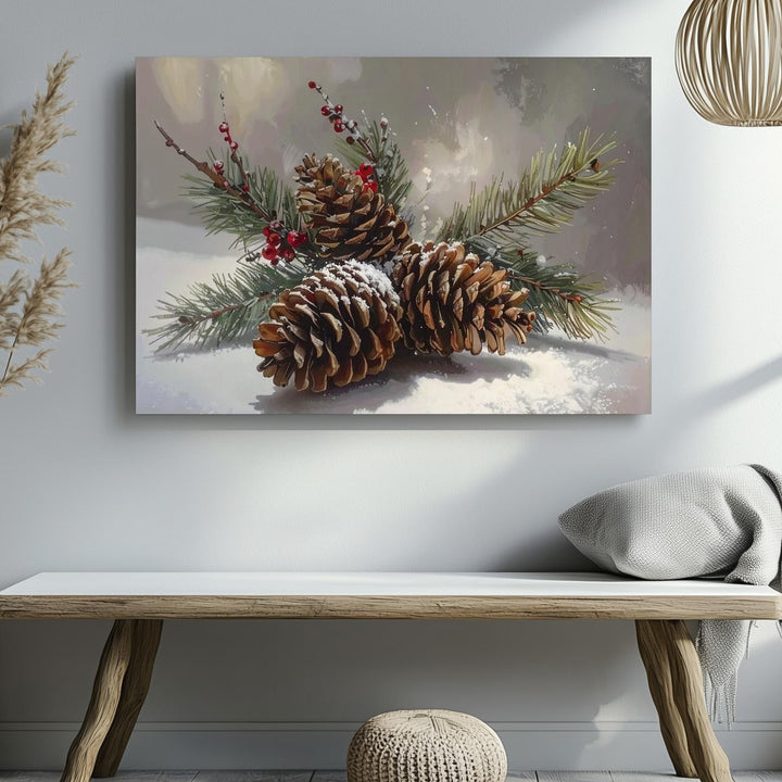 Winter Pine Still Life Canvas – Rustic Nature Holiday Wall Art - Gifitto