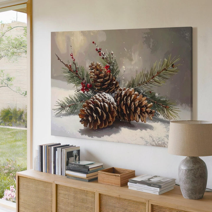 Winter Pine Still Life Canvas – Rustic Nature Holiday Wall Art - Gifitto