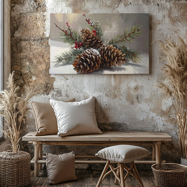 Winter Pine Still Life Canvas – Rustic Nature Holiday Wall Art - Gifitto