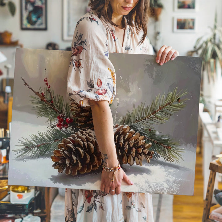 Winter Pine Still Life Canvas – Rustic Nature Holiday Wall Art - Gifitto