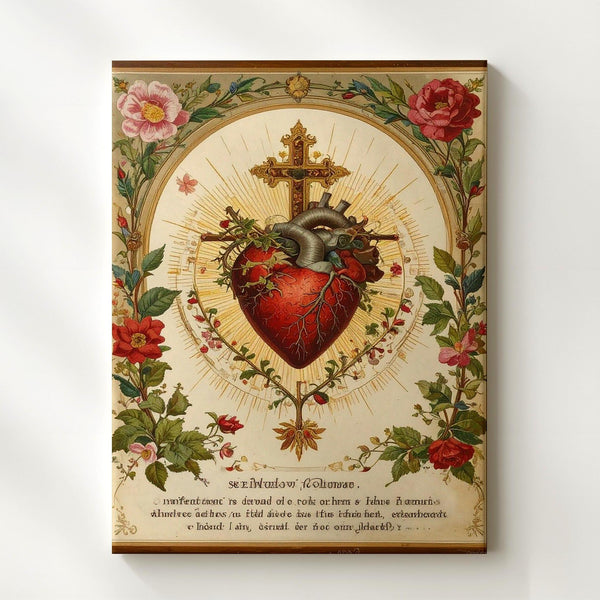 Embroidered Sacred Heart of Jesus Canvas – Vintage Christian Wall Art of Love, Sacrifice, and Mercy - Gifitto