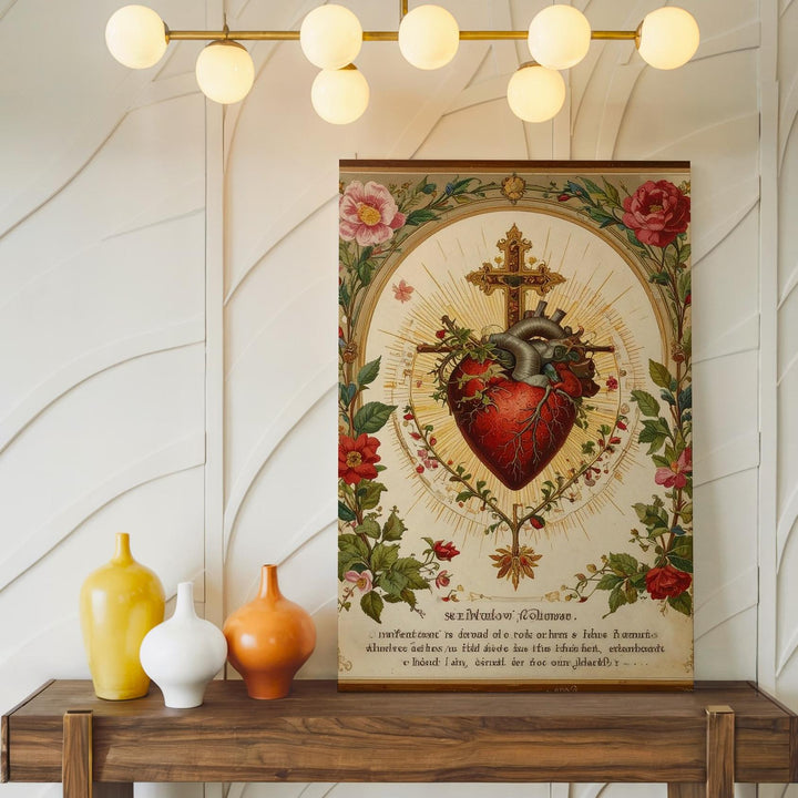 Embroidered Sacred Heart of Jesus Canvas – Vintage Christian Wall Art of Love, Sacrifice, and Mercy - Gifitto