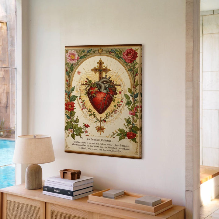 Embroidered Sacred Heart of Jesus Canvas – Vintage Christian Wall Art of Love, Sacrifice, and Mercy - Gifitto