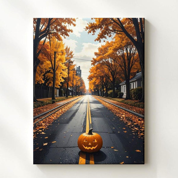 Lone Pumpkin on Autumn Road Canvas – Cinematic Halloween Wall Art - Gifitto
