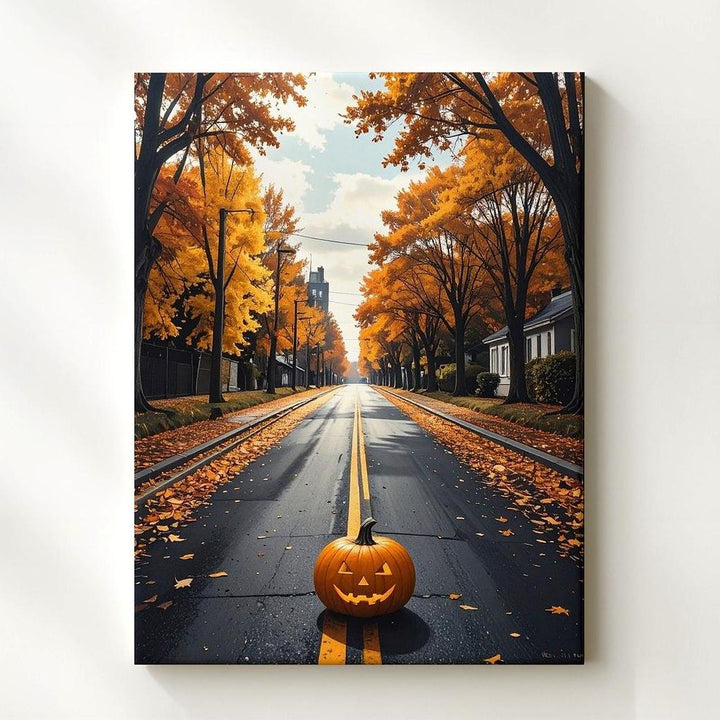 Lone Pumpkin on Autumn Road Canvas – Cinematic Halloween Wall Art - Gifitto