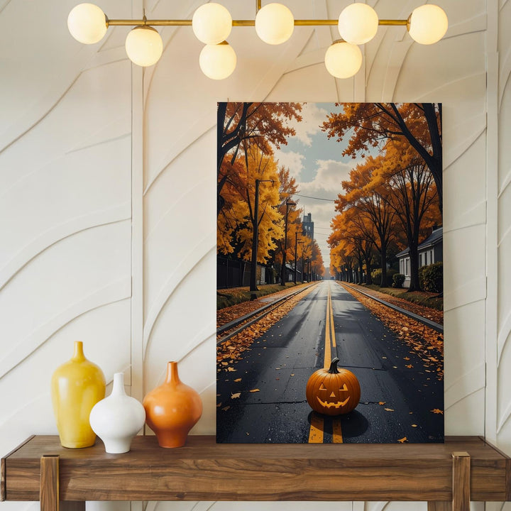 Lone Pumpkin on Autumn Road Canvas – Cinematic Halloween Wall Art - Gifitto