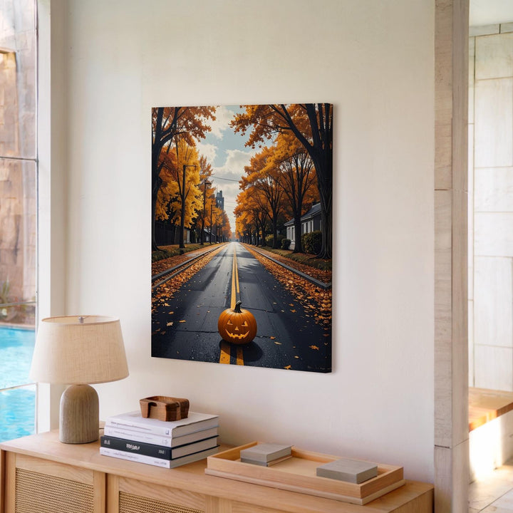 Lone Pumpkin on Autumn Road Canvas – Cinematic Halloween Wall Art - Gifitto
