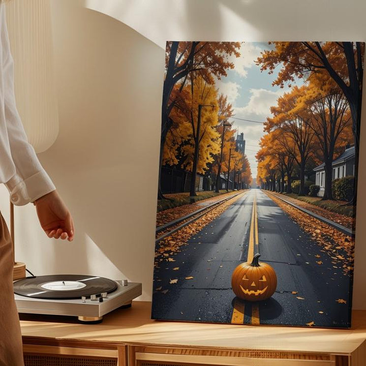 Lone Pumpkin on Autumn Road Canvas – Cinematic Halloween Wall Art - Gifitto