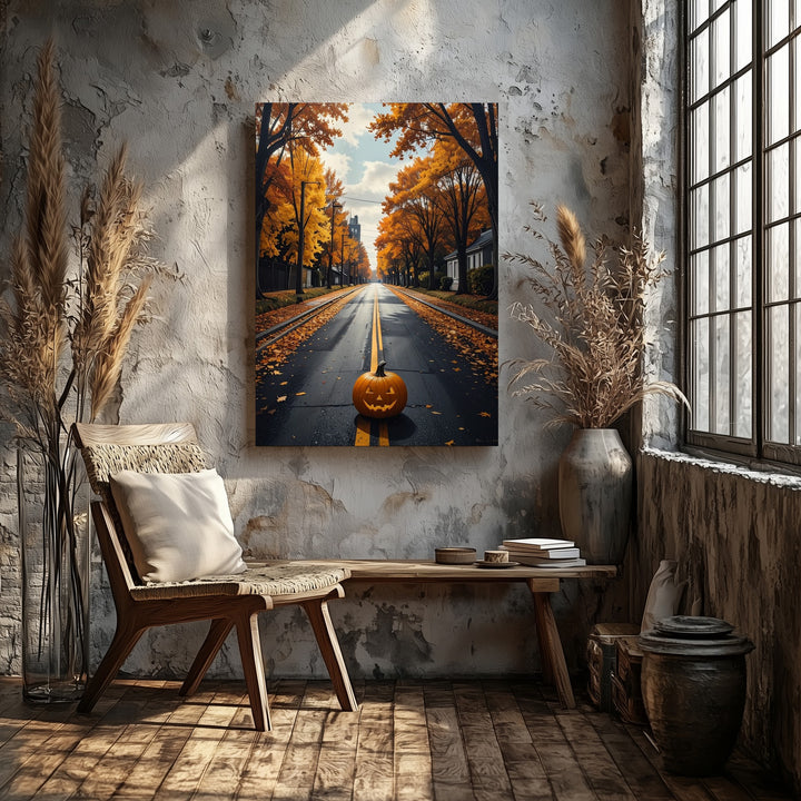 Lone Pumpkin on Autumn Road Canvas – Cinematic Halloween Wall Art - Gifitto