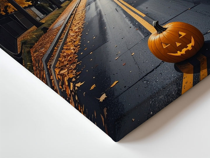 Lone Pumpkin on Autumn Road Canvas – Cinematic Halloween Wall Art - Gifitto