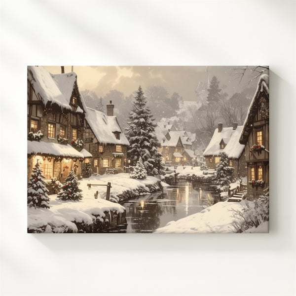 Enchanted Christmas Village Canvas – Cozy Snowy Winter Town Art - Gifitto