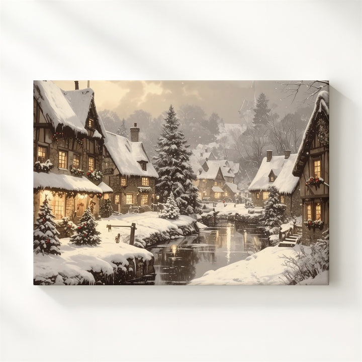 Enchanted Christmas Village Canvas – Cozy Snowy Winter Town Art - Gifitto