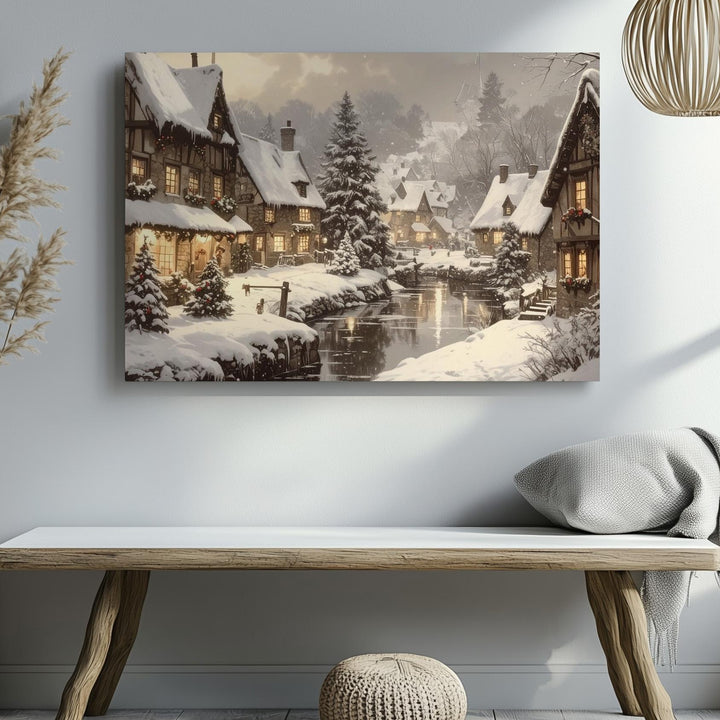 Enchanted Christmas Village Canvas – Cozy Snowy Winter Town Art - Gifitto