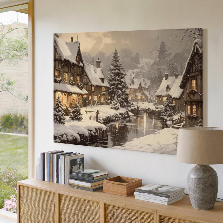 Enchanted Christmas Village Canvas – Cozy Snowy Winter Town Art - Gifitto