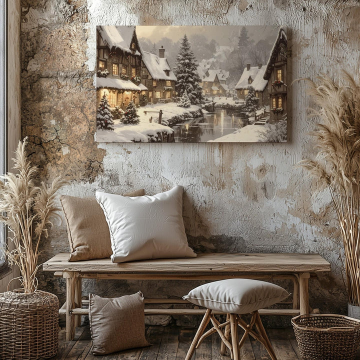 Enchanted Christmas Village Canvas – Cozy Snowy Winter Town Art - Gifitto