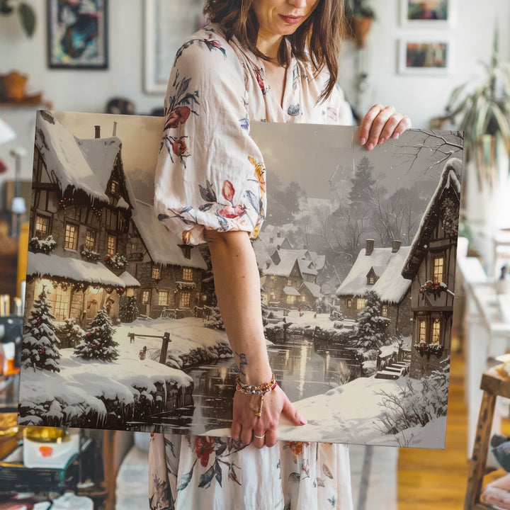 Enchanted Christmas Village Canvas – Cozy Snowy Winter Town Art - Gifitto