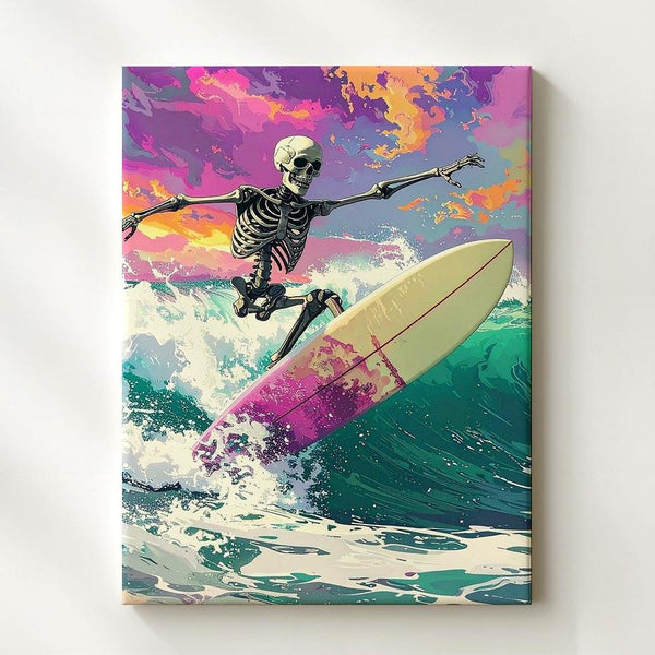 Surfing Skeleton Fantasy Canvas – Vibrant Halloween Wave Rider Art - Gifitto