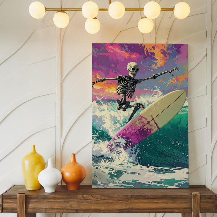 Surfing Skeleton Fantasy Canvas – Vibrant Halloween Wave Rider Art - Gifitto