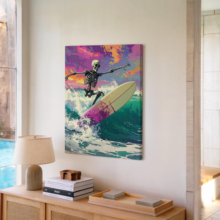 Surfing Skeleton Fantasy Canvas – Vibrant Halloween Wave Rider Art - Gifitto