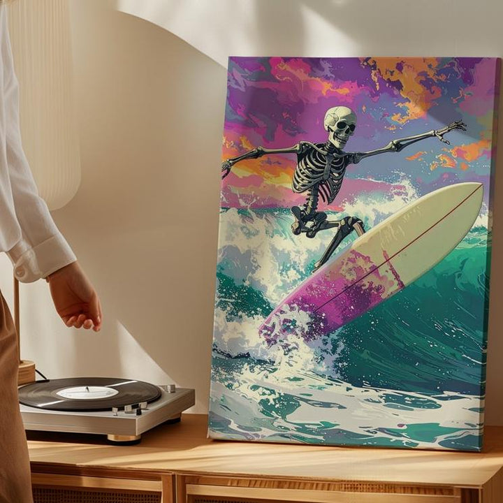 Surfing Skeleton Fantasy Canvas – Vibrant Halloween Wave Rider Art - Gifitto