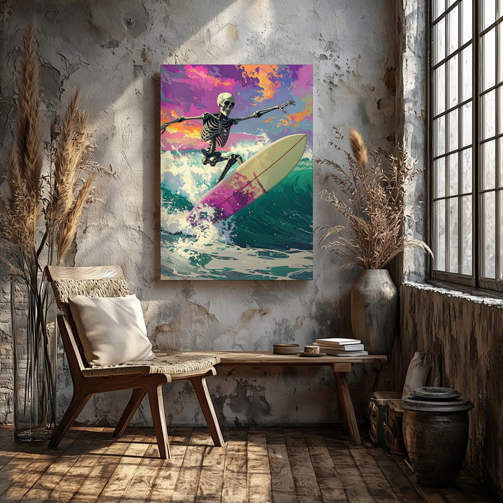 Surfing Skeleton Fantasy Canvas – Vibrant Halloween Wave Rider Art - Gifitto