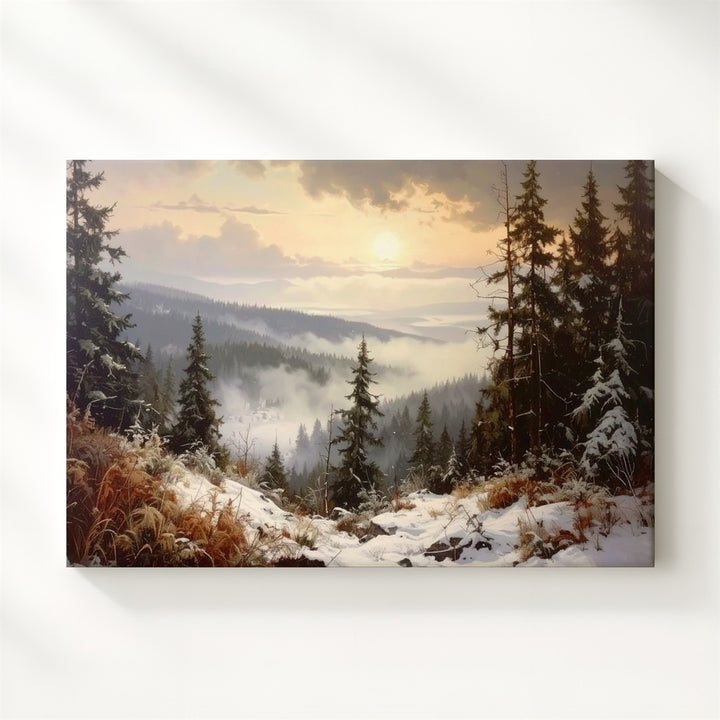 Golden Winter Forest Canvas – Serene Snowy Landscape Wall Art - Gifitto