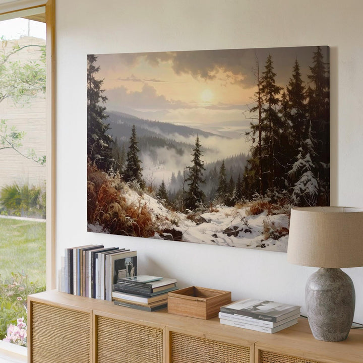 Golden Winter Forest Canvas – Serene Snowy Landscape Wall Art - Gifitto
