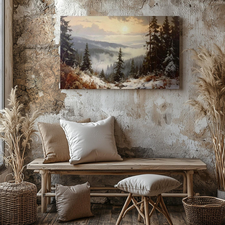 Golden Winter Forest Canvas – Serene Snowy Landscape Wall Art - Gifitto