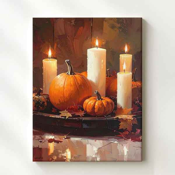 Rustic Autumn Centerpiece Canvas – White Candles, Pumpkins & Harvest Decor - Gifitto