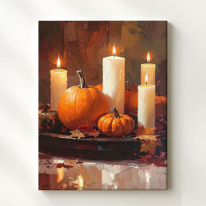 Rustic Autumn Centerpiece Canvas – White Candles, Pumpkins & Harvest Decor - Gifitto
