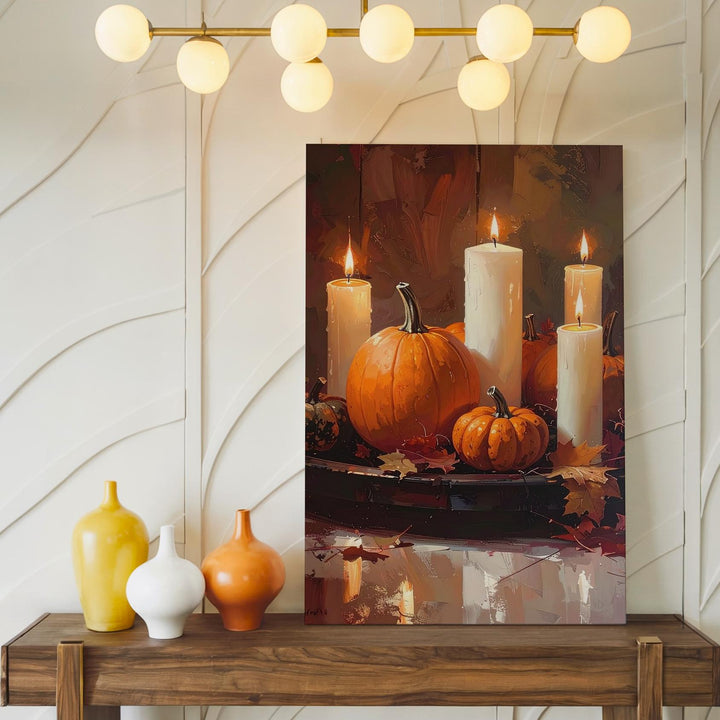 Rustic Autumn Centerpiece Canvas – White Candles, Pumpkins & Harvest Decor - Gifitto