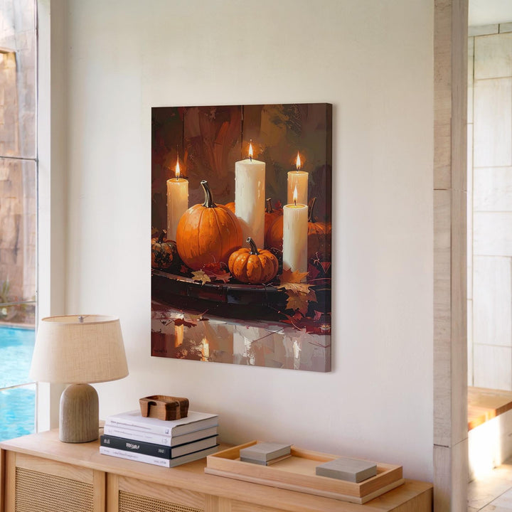 Rustic Autumn Centerpiece Canvas – White Candles, Pumpkins & Harvest Decor - Gifitto