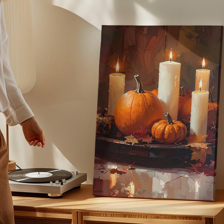 Rustic Autumn Centerpiece Canvas – White Candles, Pumpkins & Harvest Decor - Gifitto