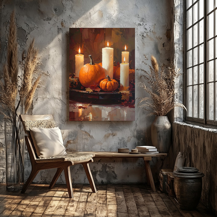 Rustic Autumn Centerpiece Canvas – White Candles, Pumpkins & Harvest Decor - Gifitto