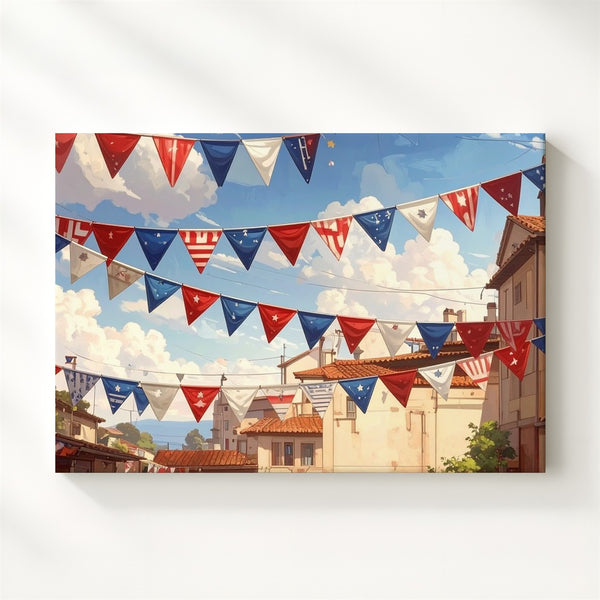 Patriotic Bunting Banner Canvas – Hand-Painted Red White Blue Celebration Art - Gifitto
