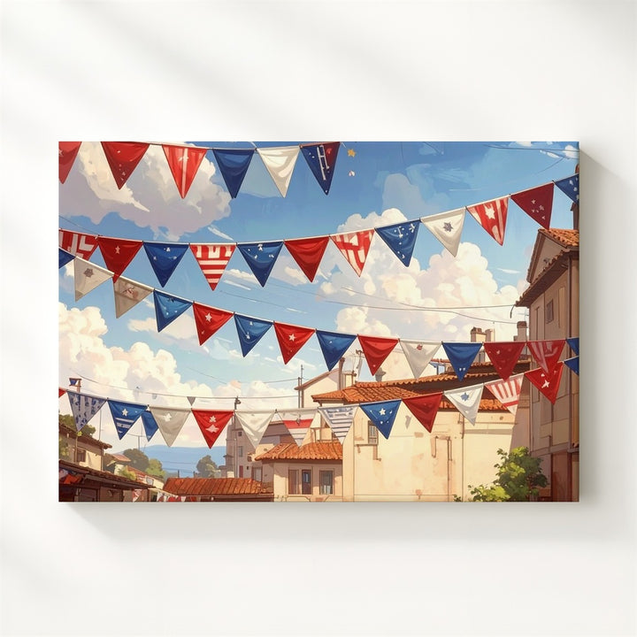 Patriotic Bunting Banner Canvas – Hand-Painted Red White Blue Celebration Art - Gifitto