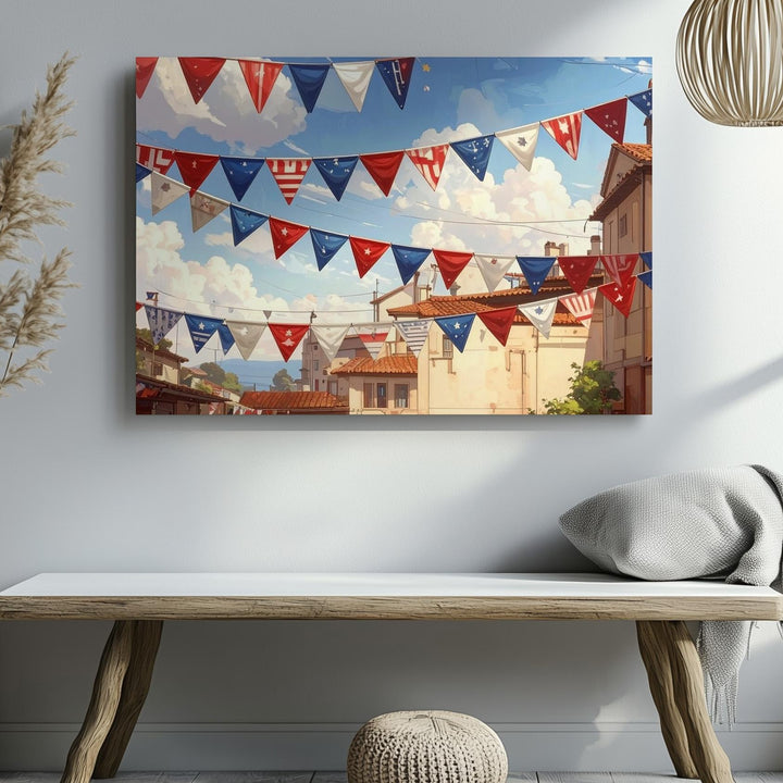Patriotic Bunting Banner Canvas – Hand-Painted Red White Blue Celebration Art - Gifitto