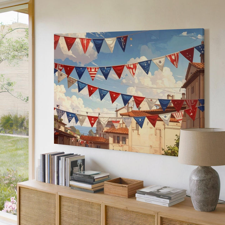 Patriotic Bunting Banner Canvas – Hand-Painted Red White Blue Celebration Art - Gifitto