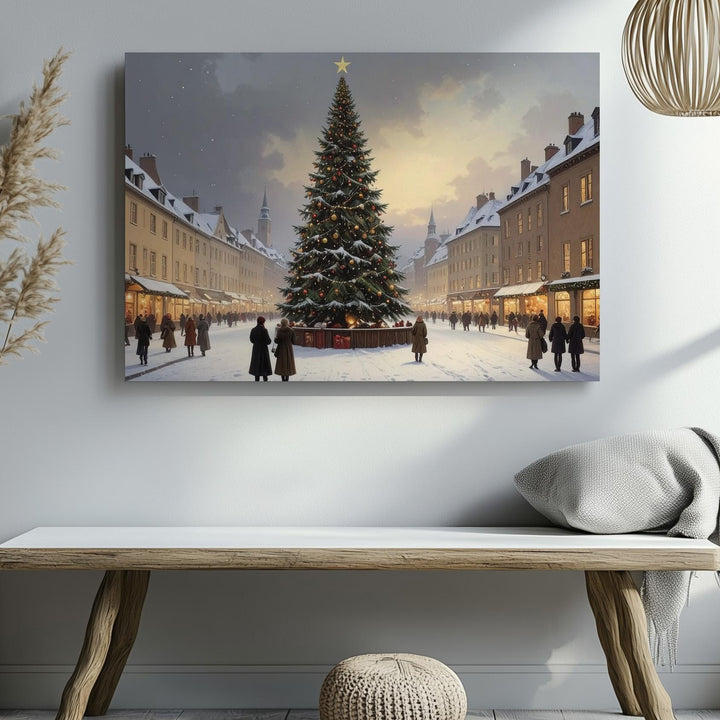 European Christmas Square Canvas – Festive Old World Holiday Scene - Gifitto