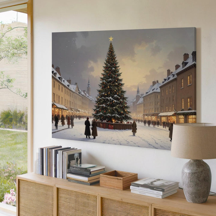European Christmas Square Canvas – Festive Old World Holiday Scene - Gifitto