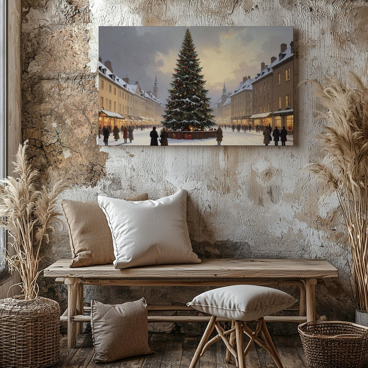 European Christmas Square Canvas – Festive Old World Holiday Scene - Gifitto