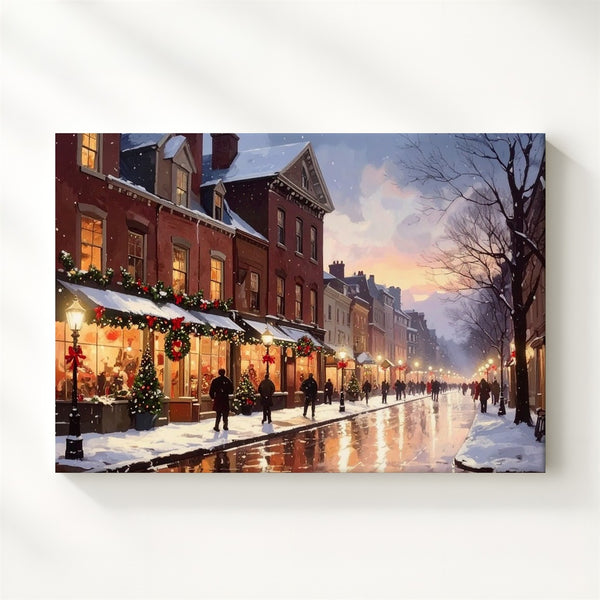 Festive Town Street Canvas – Warm Holiday Lights & Snowy Evening - Gifitto