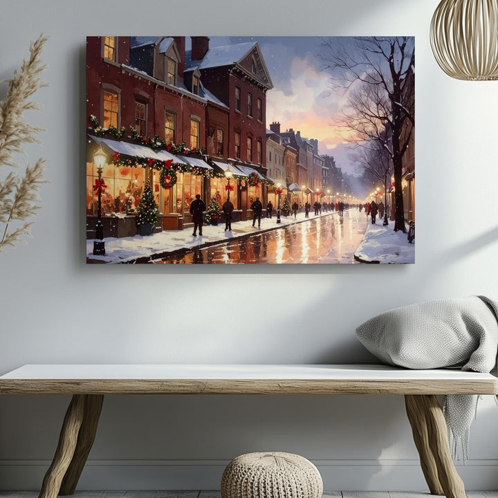 Festive Town Street Canvas – Warm Holiday Lights & Snowy Evening - Gifitto