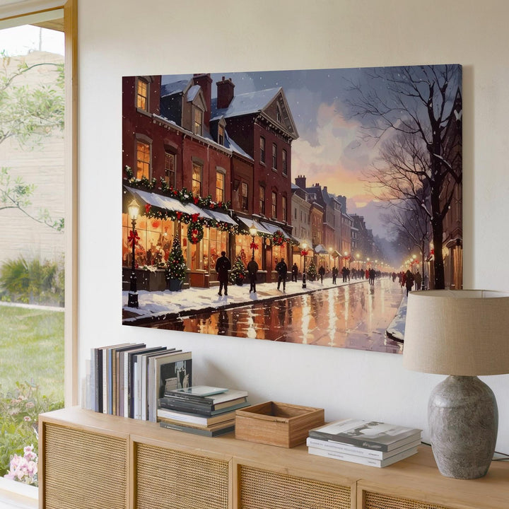 Festive Town Street Canvas – Warm Holiday Lights & Snowy Evening - Gifitto
