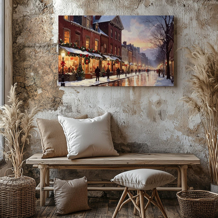 Festive Town Street Canvas – Warm Holiday Lights & Snowy Evening - Gifitto