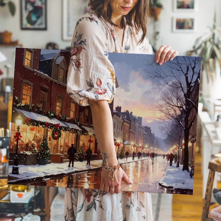 Festive Town Street Canvas – Warm Holiday Lights & Snowy Evening - Gifitto