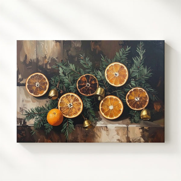 Rustic Orange & Pine Holiday Canvas – Festive Still Life with Bells - Gifitto