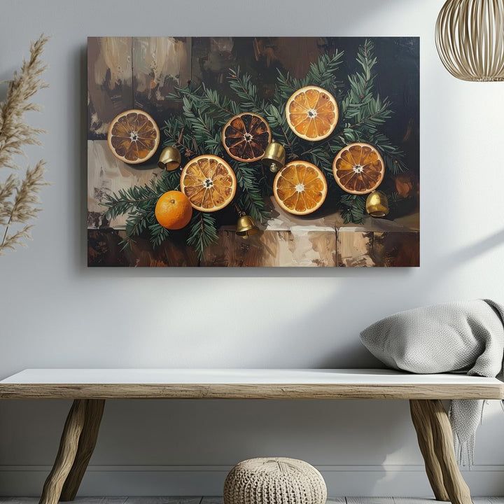 Rustic Orange & Pine Holiday Canvas – Festive Still Life with Bells - Gifitto